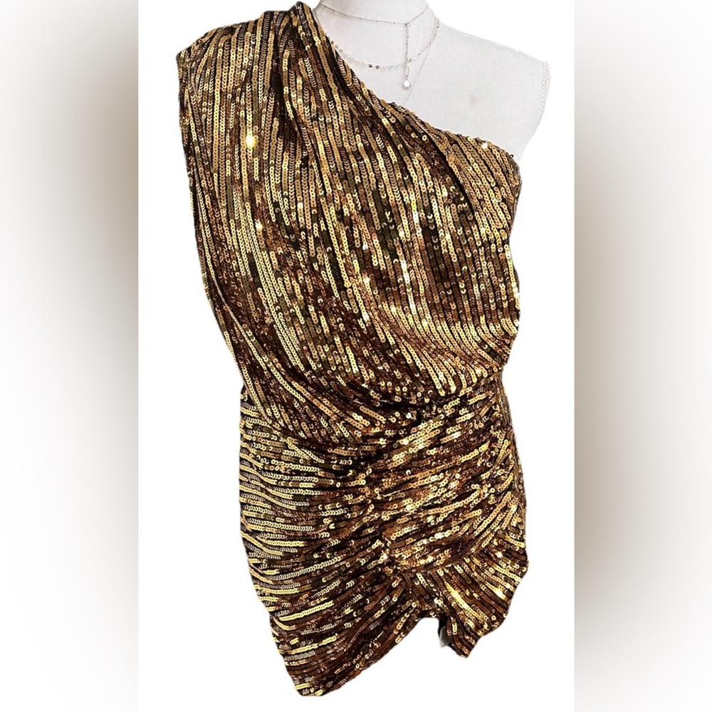 By egreis Gold Sequin One-Shoulder Dress